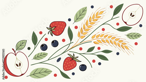 Fresh fruits, berries, grains and leaves composition in flat decorative eco-friendly style on light background