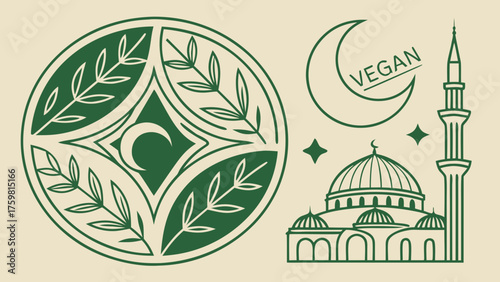 Islamic and vegan food concept with mosque, crescent moon, and leaf symbols in minimal green line art style