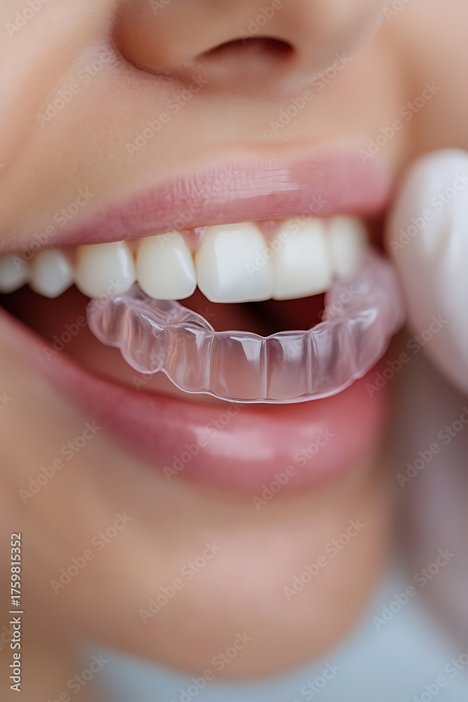 Obraz premium Close-up shows a woman inserting a clear aligner into her mouth. Her teeth appear white and straight, and the aligner is nearly invisible, blending with her smile. Healthy teeth with dental care