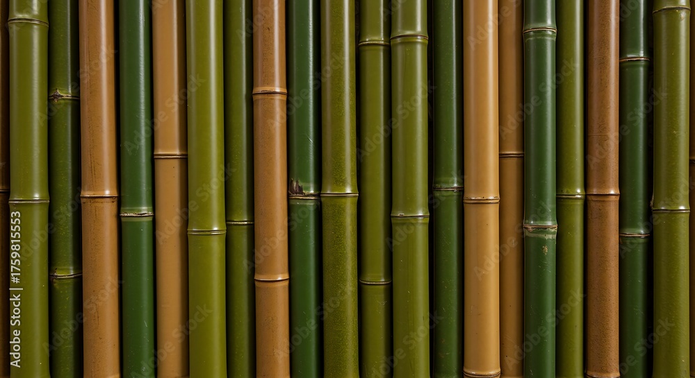 Fototapeta premium Close-up of a wall constructed with vertical, green and tan bamboo stalks, neatly aligned