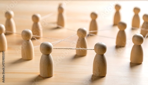Social Distancing Concept with Wooden Peg Figures Connected by String.