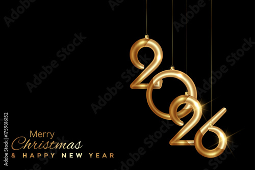Happy new year 2026 hanging gold numbers. Christmas balls holiday decoration greeting card design for invitation, calendar, party, golden luxury symbol isolated on black background