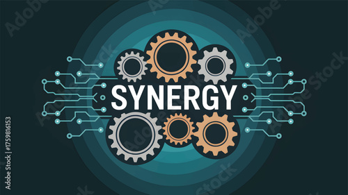 Synergy word with interlocking gears and circuit board lines
