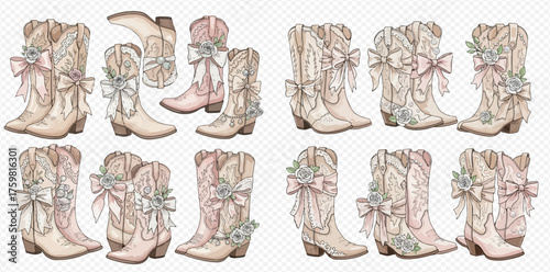 Watercolor illustration of elegant cowboy boots adorned with pastel bows and delicate floral arrangements, perfect for rustic or feminine designs.