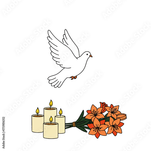 White Dove Lit Candles and Flowers for Remembrance.