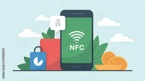 Smartphone with N F C symbol and coins on shelf near field communication