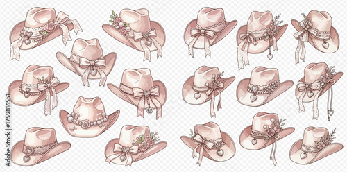 A collection of blush pink cowboy hats adorned with bows, ribbons, flowers, pearls, and heart charms, presented as a set of feminine graphic resources.