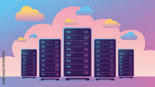 Server racks in stylized clouds data center cloud computing
