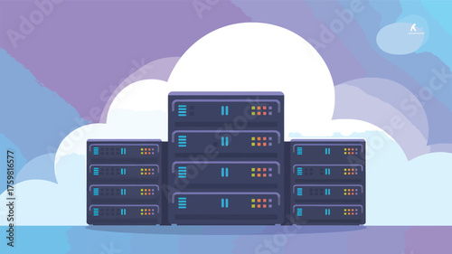 Server racks in stylized purple and blue clouds data center