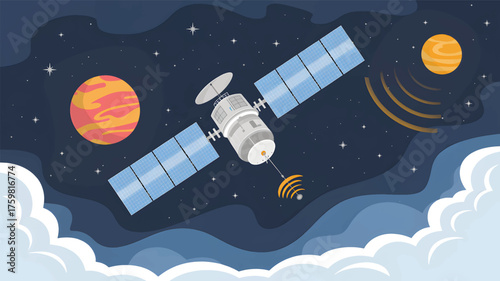 A vibrant cartoon illustration of a rocket spaceship launching from Earth toward the moon and distant stars