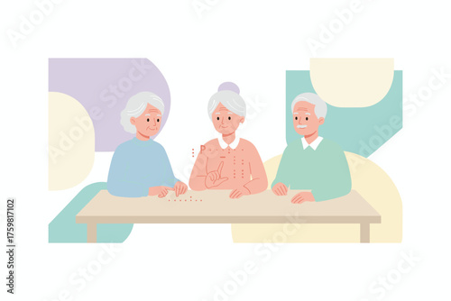 Three cheerful seniors engage in a tabletop activity symbolizing elder community and mental wellness