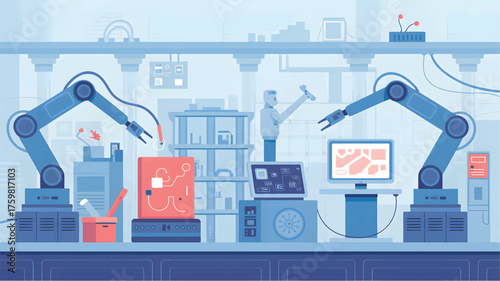 Robotic arms in a blue factory with red accents assembly line