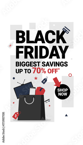 Black Friday sale graphic featuring a shopping bag electronic items and big savings