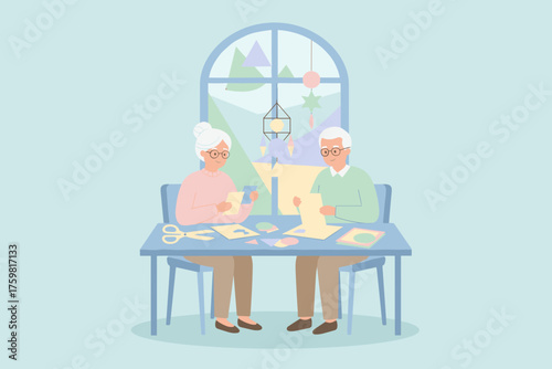 Happy elderly couple crafting together at home enjoying a creative hobby and quality time