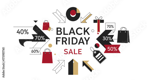 Black Friday Sale banner illustration with shopping bags gift icon price tags and discount percentages