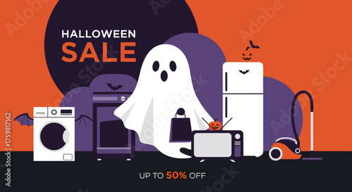 Festive Halloween sale banner with a friendly ghost bats and jackolanterns promoting discounts on home appliances