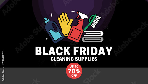 Black Friday cleaning supplies sale banner with essential household products and discount