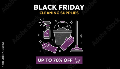 Black Friday sale on cleaning supplies featuring icons of spray bottle bucket gloves and mop Perfect for promotions