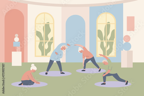 Active seniors stretching and practicing wellness in a serene brightly lit room