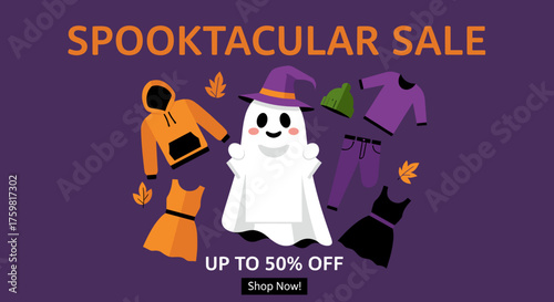 Cute ghost promotes a Spooktacular Halloween sale with up to 50 off on festive apparel Great for holiday fashion ads