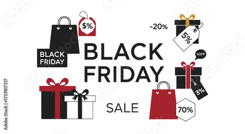 Black Friday Sale concept with shopping bags gift boxes and discount tags on a white background