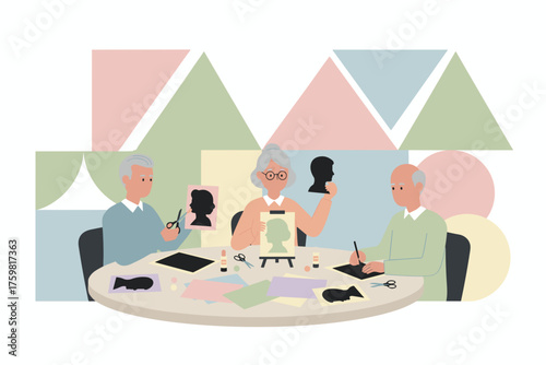 Seniors enjoying a creative craft activity making silhouette cutouts together Active aging lifestyle