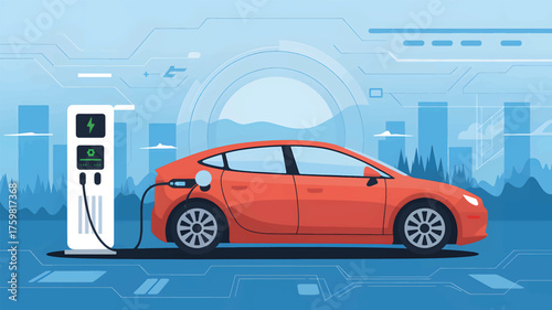 Orange electric car charging at futuristic station