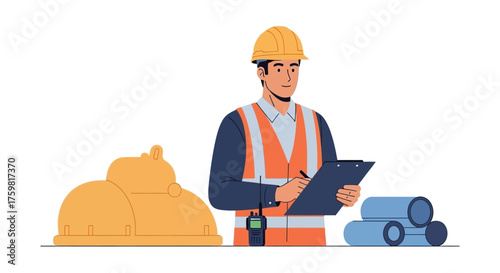 Construction worker inspecting site with clipboard and walkietalkie symbolizing safety and planning