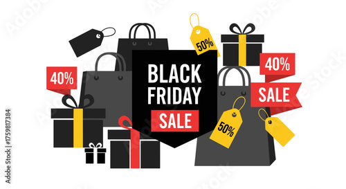 Black Friday Sale banner graphic with shopping bags gifts and 40 50 discount tags