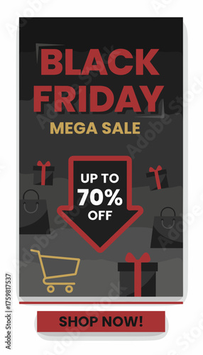Black Friday Mega Sale banner with up to 70 off Great for holiday shopping promotions