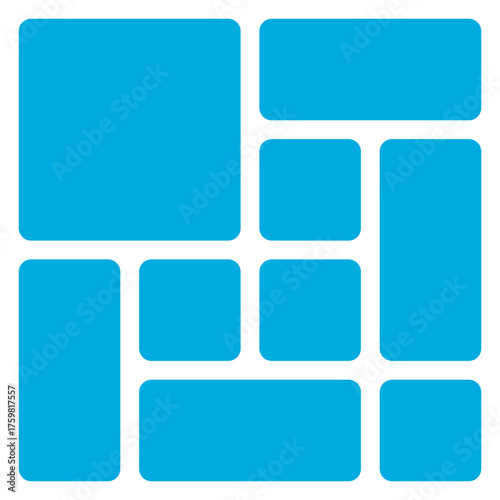 Abstract arrangement of rounded blue rectangles and squares isolated on transparent background