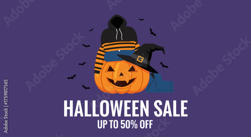 Halloween sale illustration with a festive jackolantern wearing a hoodie and witch hat surrounded by bats Perfect for spooky promotions