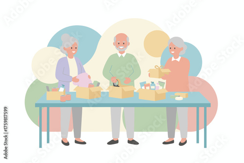 Happy seniors volunteer packing donation boxes with care for community support and charity