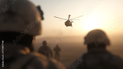 Soldiers on alert with a helicopter landing during sunrise. Anticipation hangs heavy in the air as troops await orders. A scene of military readiness in uncertain times.