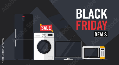Black Friday Deals illustration with major home appliances and electronics sale concept