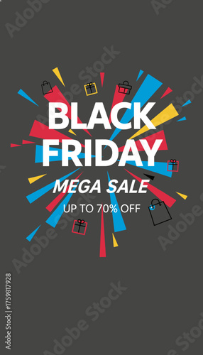 Black Friday Mega Sale banner with dynamic graphic elements shopping bags and gifts Great for retail promotions