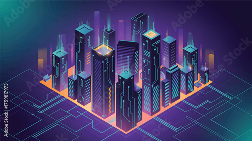 Isometric digital city with glowing circuits and neon lights