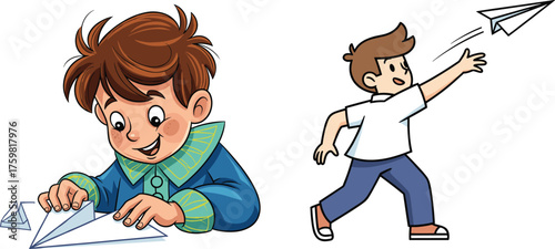 Cartoon boys making and flying paper airplanes, playful childhood activity, creative moment, kids illustration, concentration and motion, fun indoor scene, learning through play