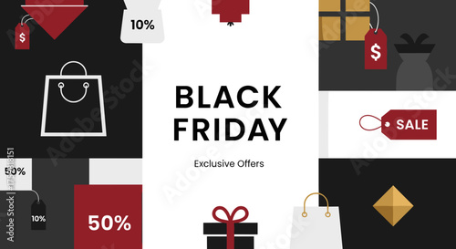 Black Friday exclusive offers background with shopping bags and discount tags Retail marketing banner