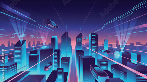 Neon futuristic cityscape with flying vehicles and light beams