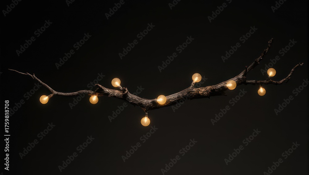 Fototapeta premium Branch Adorned with Warm Glowing Lights on Dark Background.