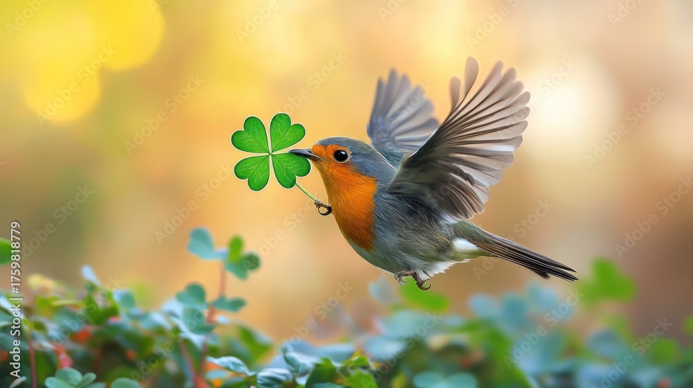 Fototapeta premium A robin bird in flight with a four-leaf clover in its beak.