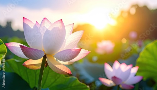 Close up of delicate pink and white lotus flowers blooming in a serene pond during a golden sunset with soft lens flare illuminating the petals and lush green lily pads surrounding them.
