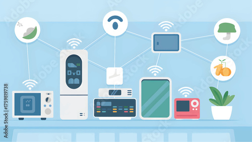Smart home devices connected by wifi signals on blue background