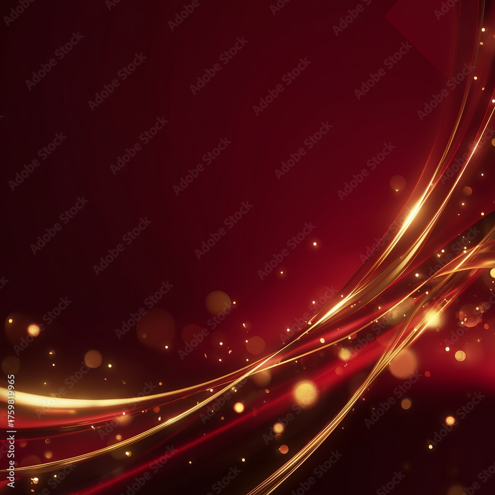 Fototapeta premium Abstract Red Background with Golden Light Curves
