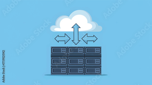 Cloud computing servers with data transfer arrows server rack