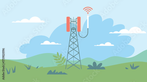 Cell tower with wifi signal in stylized landscape telecommunication