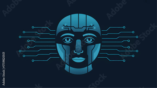 Blue robotic face with circuit board lines head artificial intelligence