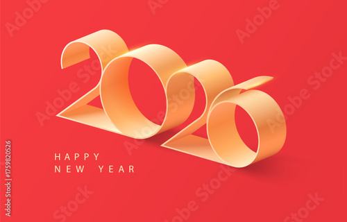 New year card 2026. Yellow  3D numbers on red background. Festive greeting card with isometric calendar date