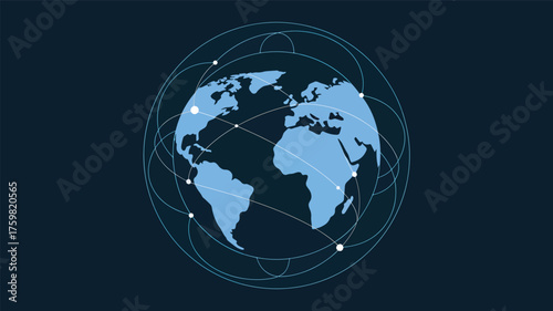 Blue Earth globe with light blue network lines and white nodes